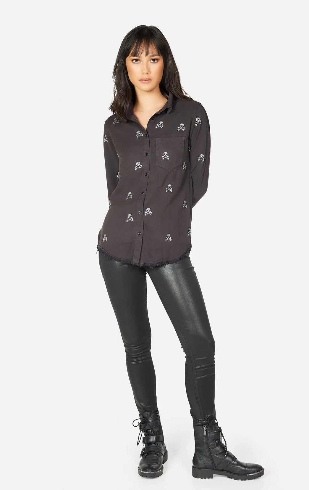 Shop Lauren Moshi Lauren Moshi Sloane Mini Crystal Cross Bone Skulls Shirt Denim Shirt for women – premium loungewear and festival fashion at Spoiled Brat