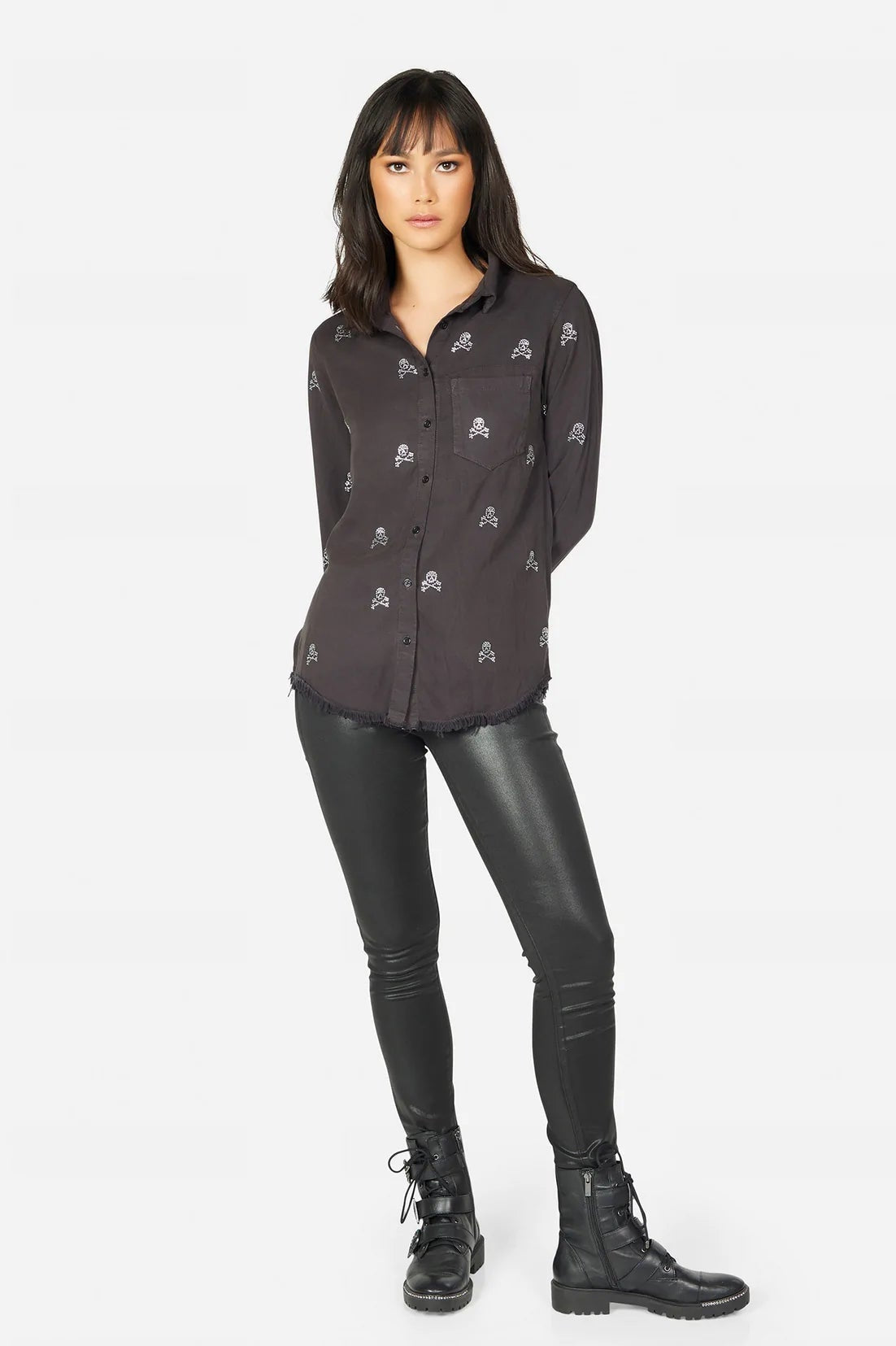 Shop Lauren Moshi Lauren Moshi Sloane Mini Crystal Cross Bone Skulls Shirt Denim Shirt for women – premium loungewear and festival fashion at Spoiled Brat