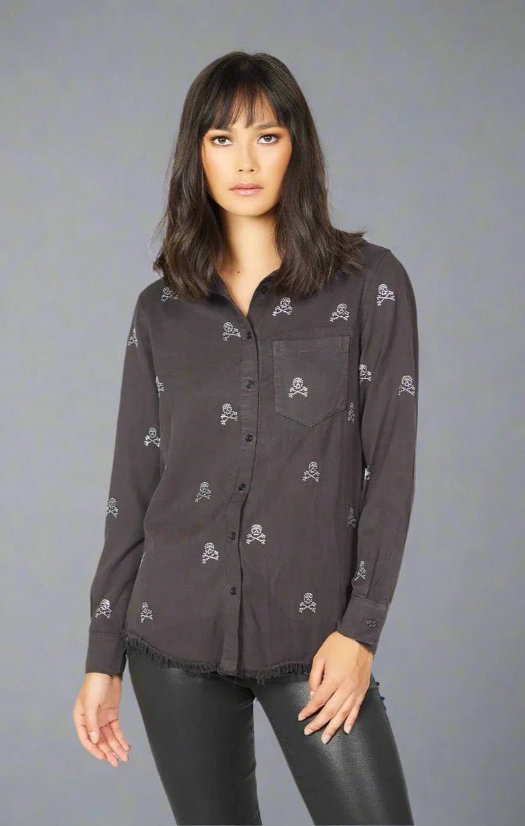 Shop Lauren Moshi Lauren Moshi Sloane Mini Crystal Cross Bone Skulls Shirt Denim Shirt for women – premium loungewear and festival fashion at Spoiled Brat