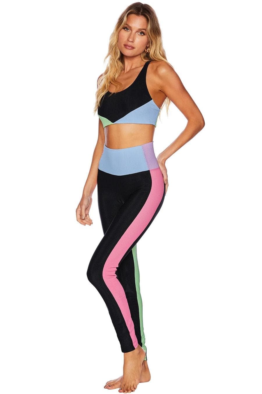 Sz L Victoria's Secret pastel rainbow floral print leggings and sports bras  - Athletic apparel