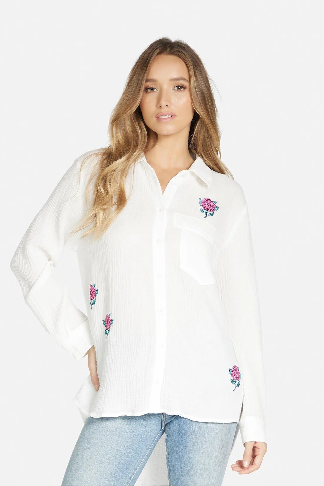 Shop Lauren Moshi Lauren Moshi Dara Crystal Roses Shirt Denim Shirt for women – premium loungewear and festival fashion at Spoiled Brat
