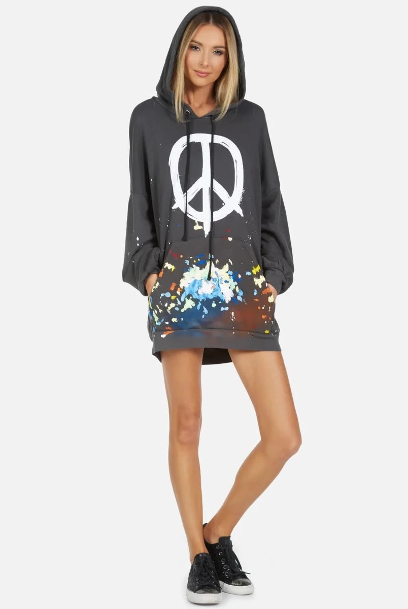 Shop Lauren Moshi Lauren Moshi Desiree Brush Peace Hoodie Dress Hooded Sweatshirt for women – premium loungewear and festival fashion at Spoiled Brat