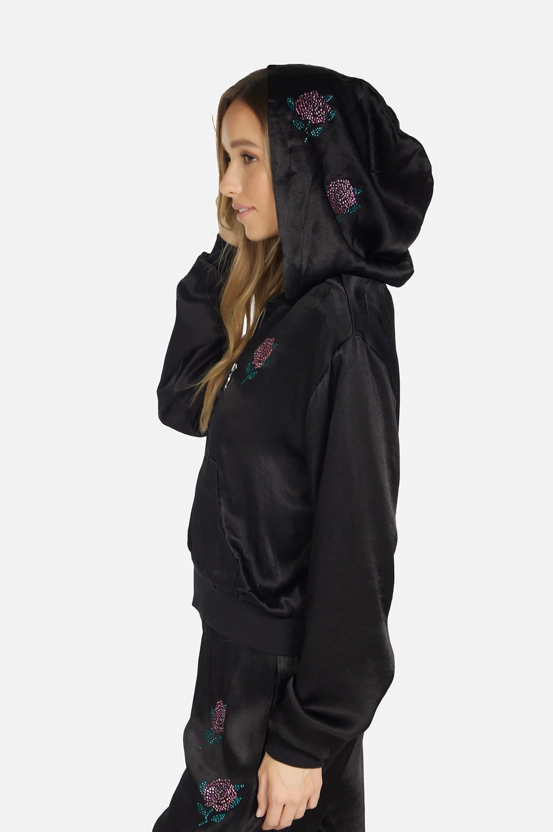 Lauren Moshi Kathleen Crystal Roses Satin Bomber Jacket Jacket by Lauren Moshi as seen on celebrities