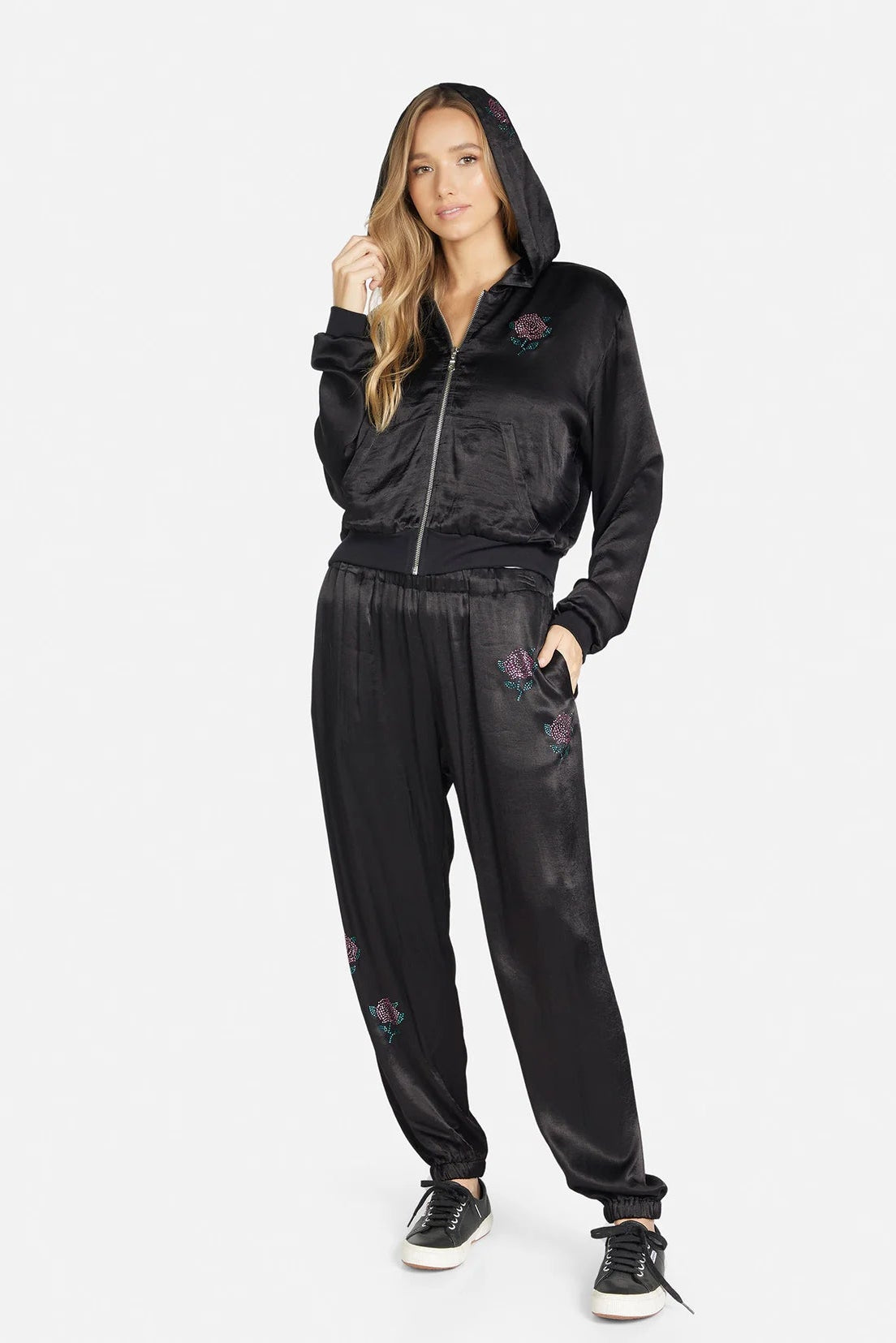 Shop Lauren Moshi Lauren Moshi Kathleen Crystal Roses Satin Bomber Jacket Jacket for women – premium loungewear and festival fashion at Spoiled Brat