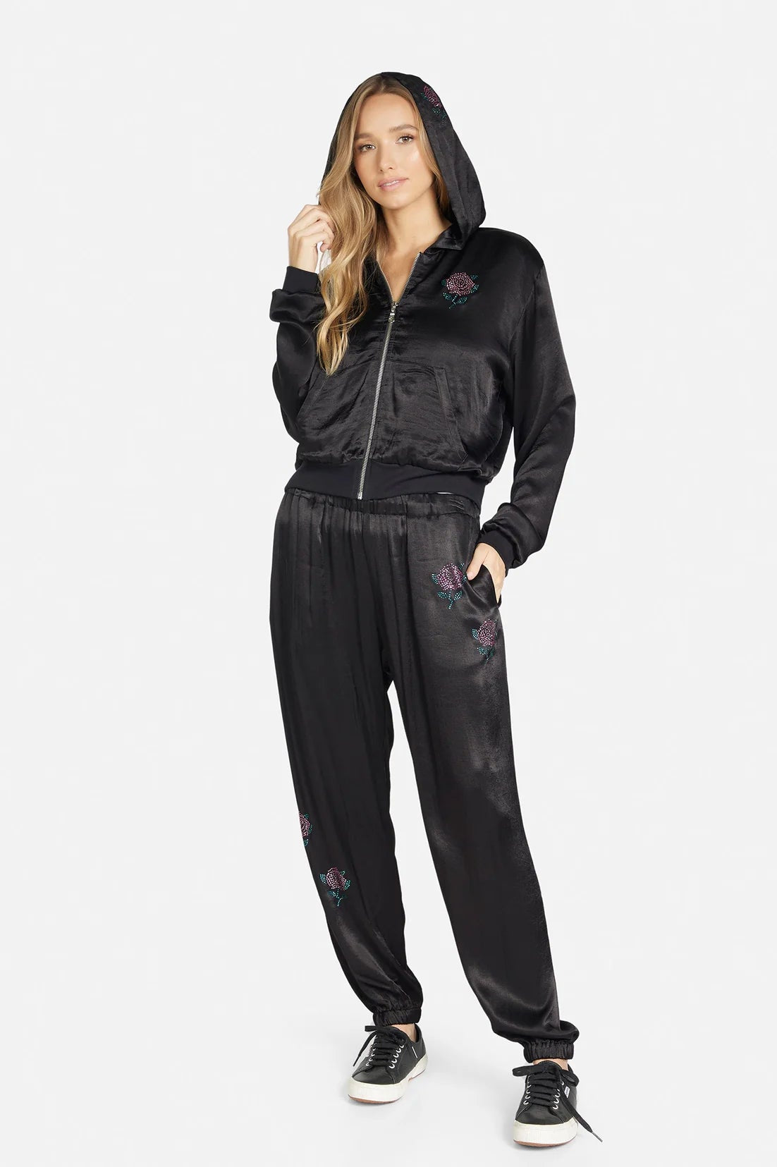 Shop Lauren Moshi Lauren Moshi Kathleen Crystal Roses Satin Bomber Jacket Jacket for women – premium loungewear and festival fashion at Spoiled Brat