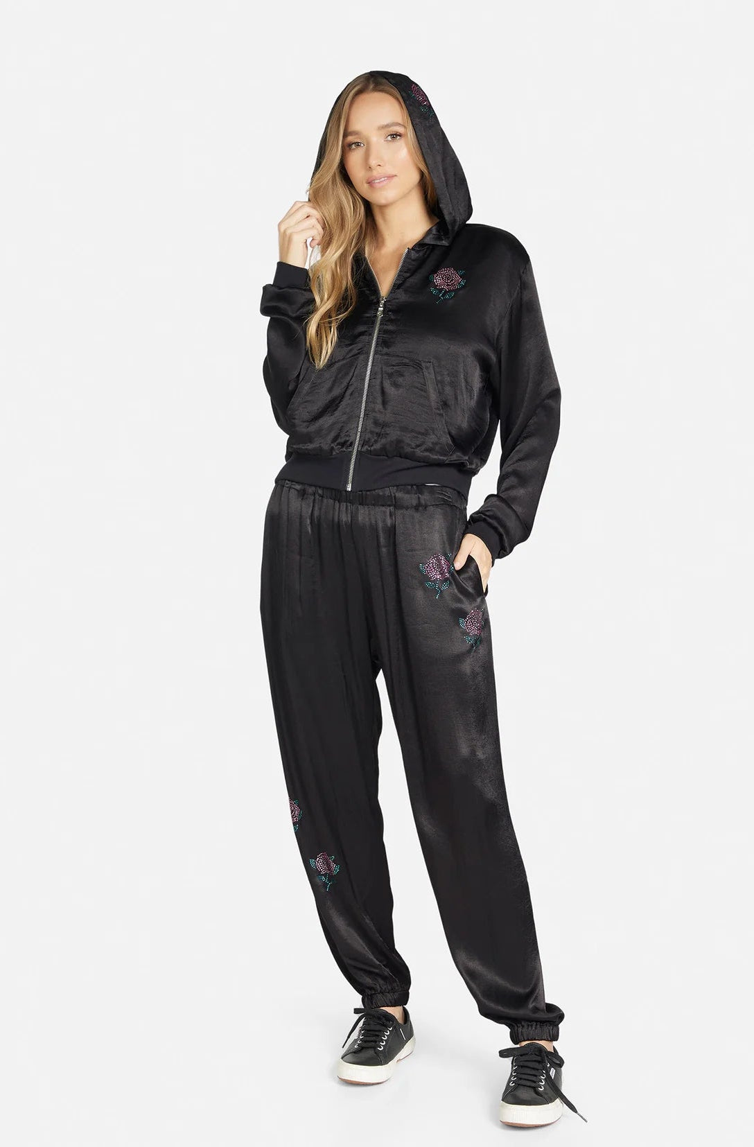 Lauren Moshi Kathleen Crystal Roses Satin Bomber Jacket Jacket by Lauren Moshi as seen on celebrities