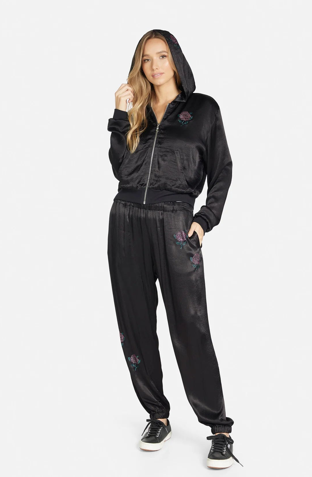 Lauren Moshi Kathleen Crystal Roses Satin Bomber Jacket Jacket by Lauren Moshi as seen on celebrities