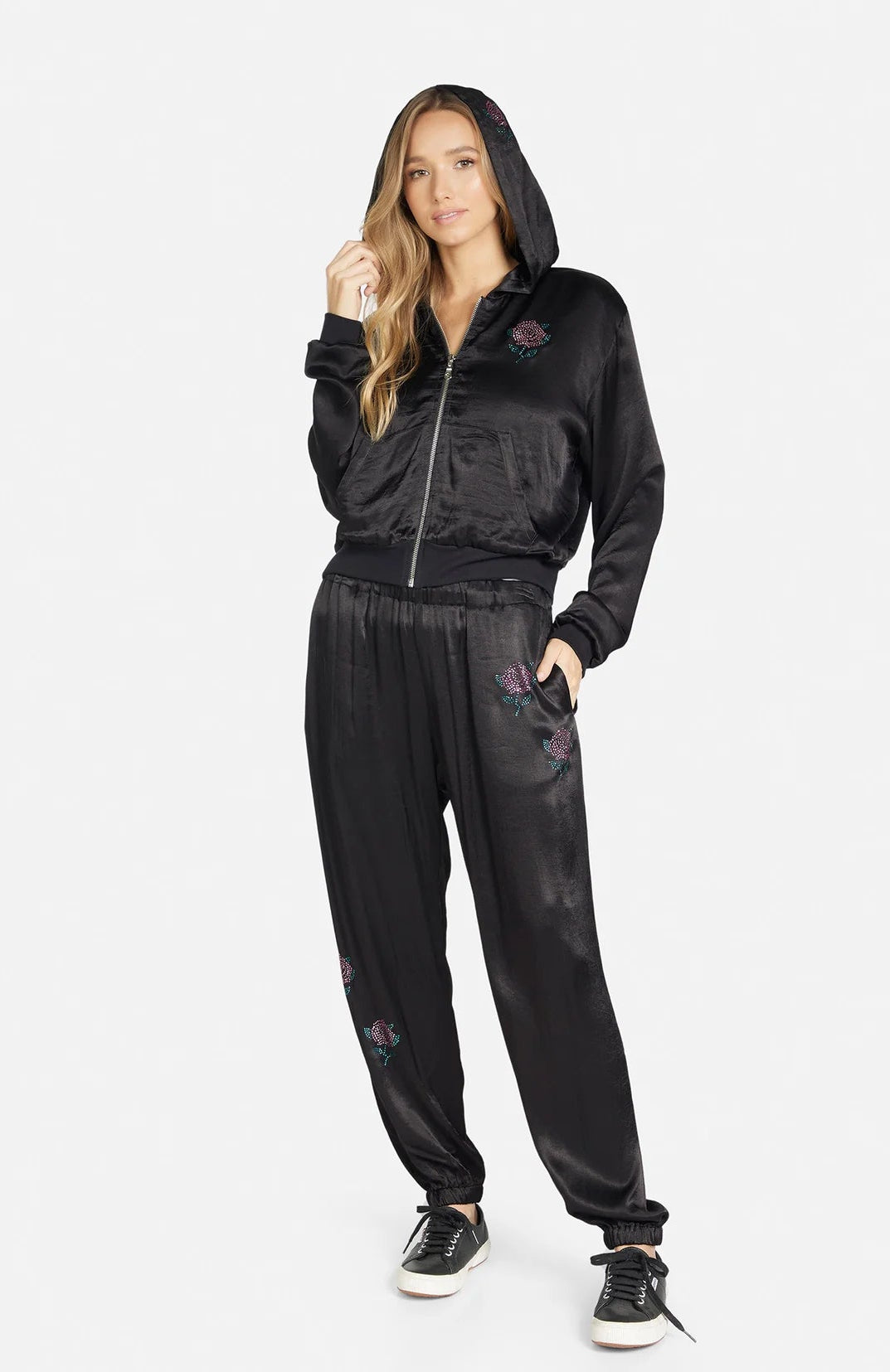 Lauren Moshi Kathleen Crystal Roses Satin Bomber Jacket Jacket by Lauren Moshi as seen on celebrities