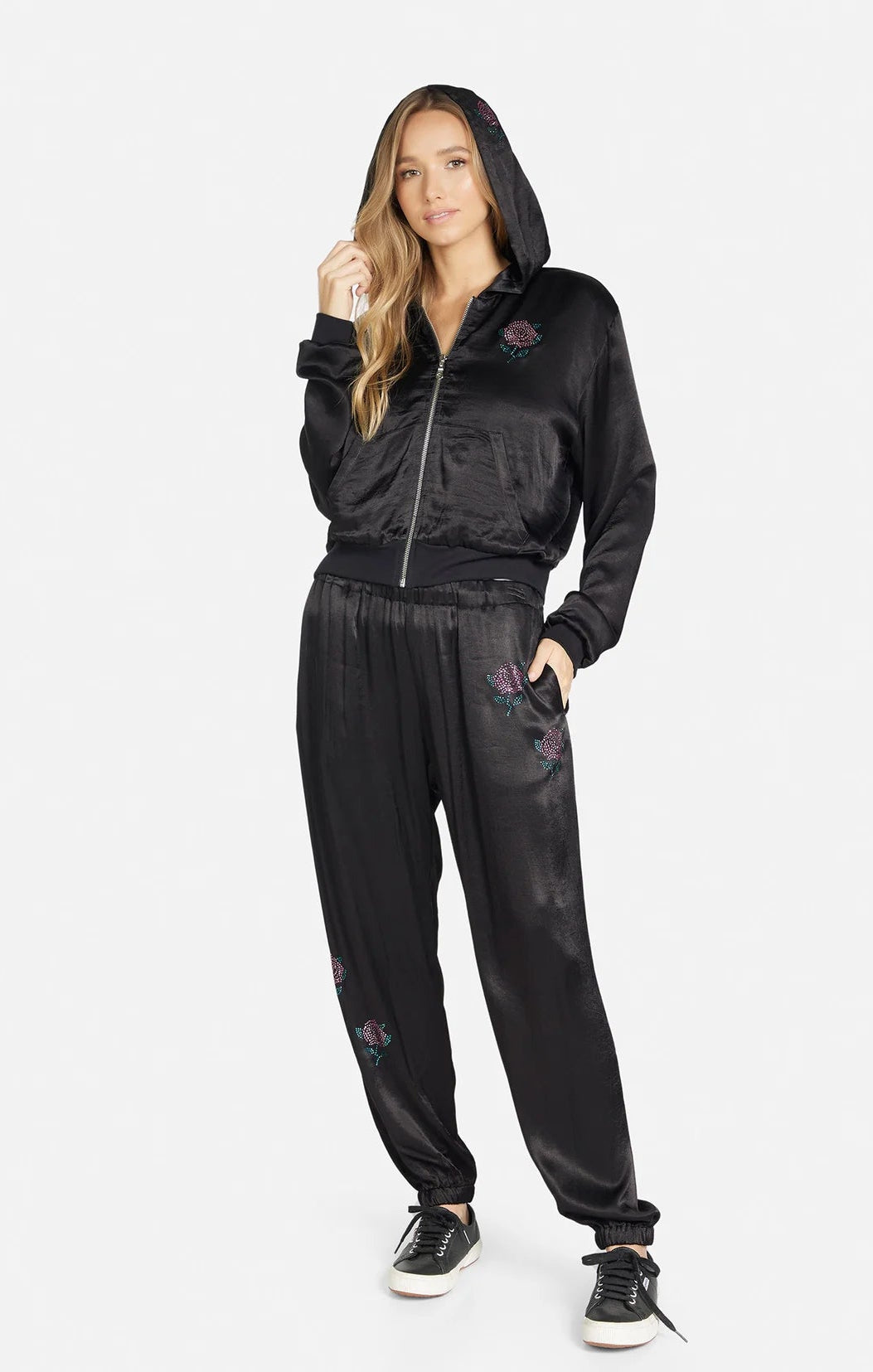 Lauren Moshi Kathleen Crystal Roses Satin Bomber Jacket Jacket by Lauren Moshi as seen on celebrities