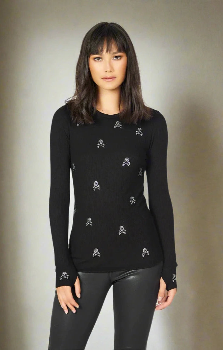 Lauren Moshi McKinely Mini Crystal Cross Bone Skulls Long Sleeved Top Long Sleeved Top by Lauren Moshi as seen on celebrities