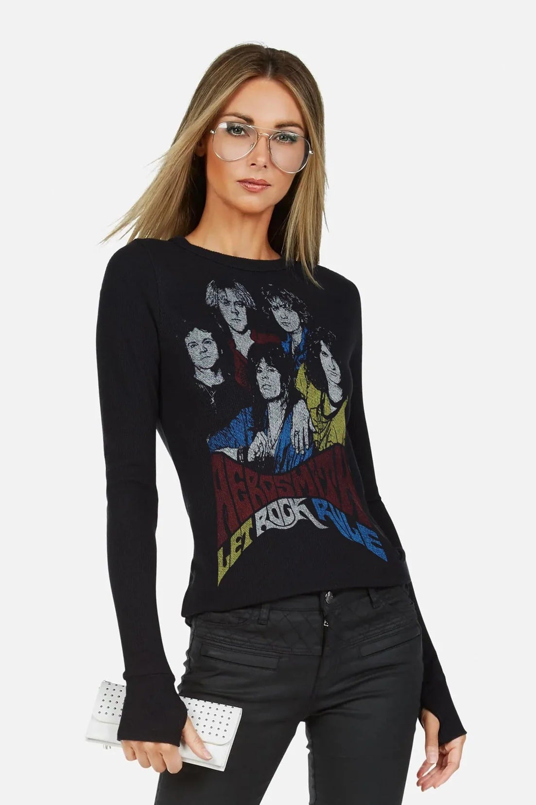 Shop Lauren Moshi Lauren Moshi McKinley X Vintage Aerosmith Thermal Top Sweatshirt for women – premium loungewear and festival fashion at Spoiled Brat