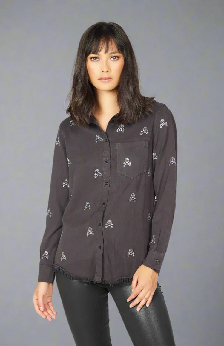 Lauren Moshi Sloane Mini Crystal Cross Bone Skulls Shirt Denim Shirt by Lauren Moshi as seen on celebrities