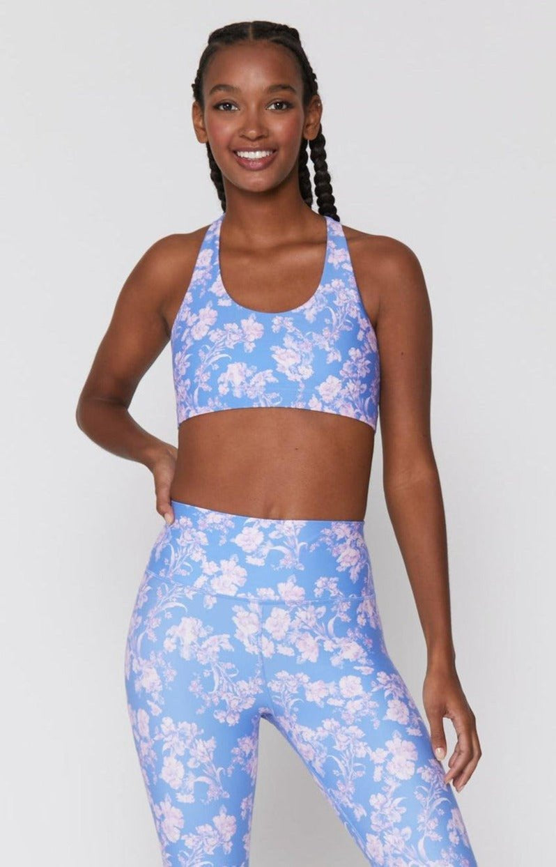 Spiritual Gangster Studio Eco Jersey Sports Bra in Jacaranda Print Cropped Top by Spiritual Gangster as seen on celebrities
