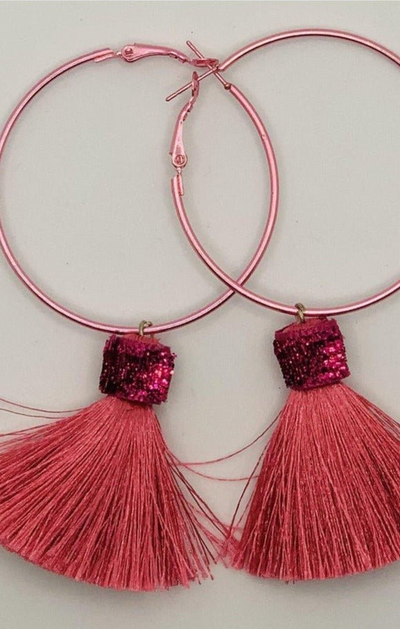 Suzywan DELUXE Fuchsia Tassel Hoop Earrings by Suzywan DELUXE – Earrings – Pink | Spoiled Brat UK