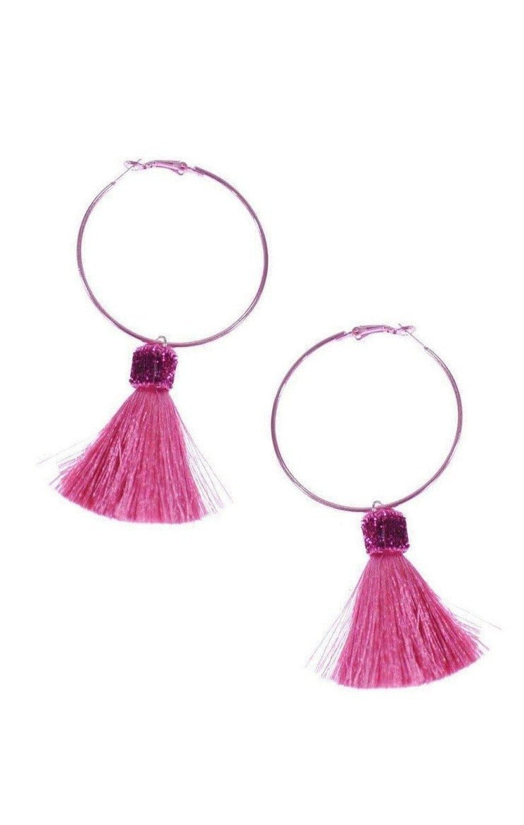 Suzywan DELUXE Fuchsia Tassel Hoop Earrings by Suzywan DELUXE – Earrings – Pink | Spoiled Brat UK