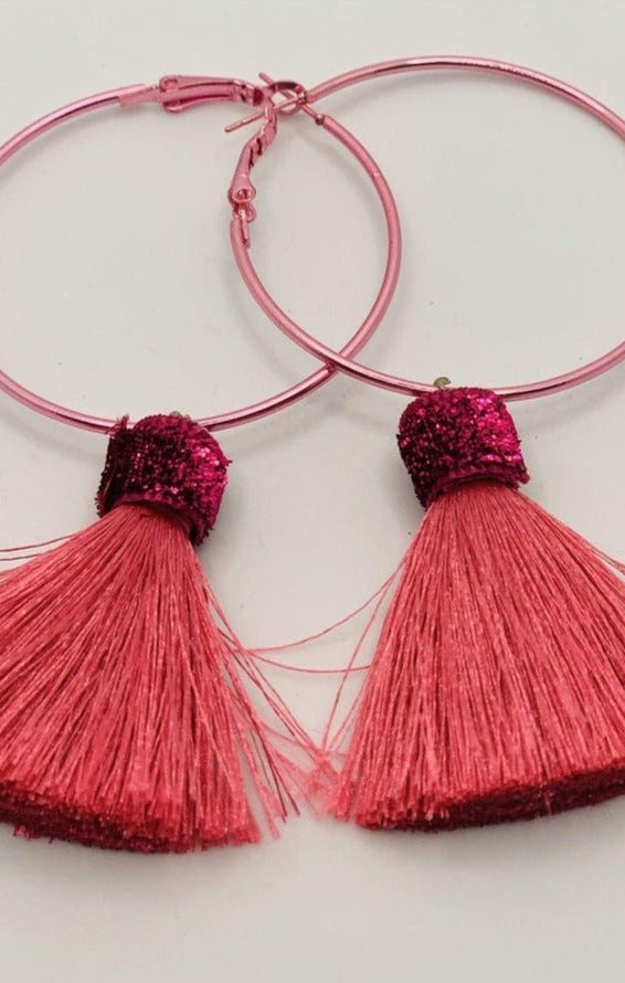 Suzywan DELUXE Fuchsia Tassel Hoop Earrings by Suzywan DELUXE – Earrings – Pink | Spoiled Brat UK