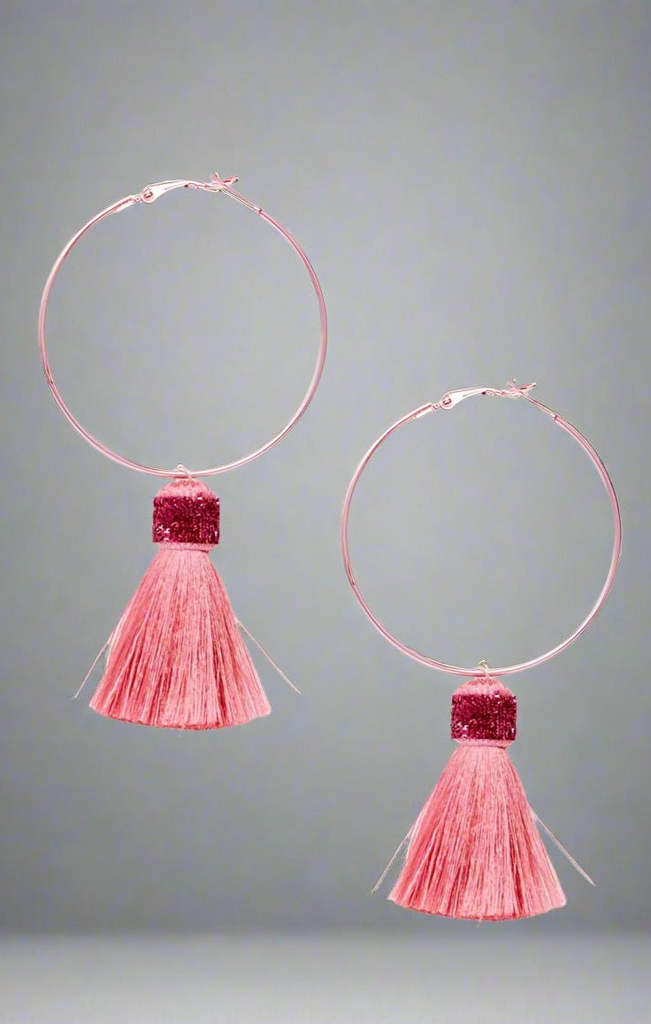 Suzywan DELUXE Fuchsia Tassel Hoop Earrings by Suzywan DELUXE – Earrings – Pink | Spoiled Brat UK