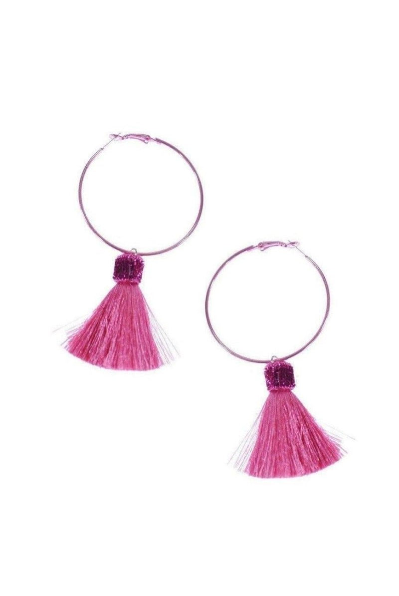 Shop Suzywan DELUXE Suzywan DELUXE Fuchsia Tassel Hoop Earrings Earrings for women – premium loungewear and festival fashion at Spoiled Brat