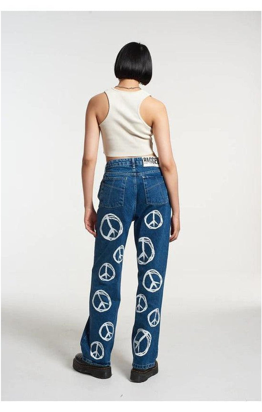 The Ragged Priest Peace Printed Dad Jeans as seen on Chloe Sims | Boyfriend Jeans by The Ragged Priest | Shop Premium Boutique Fashion at Spoiled Brat | Trendy Y2K style. '_badge_Celeb_Pick, 2000, 90 style clothes | Image 5