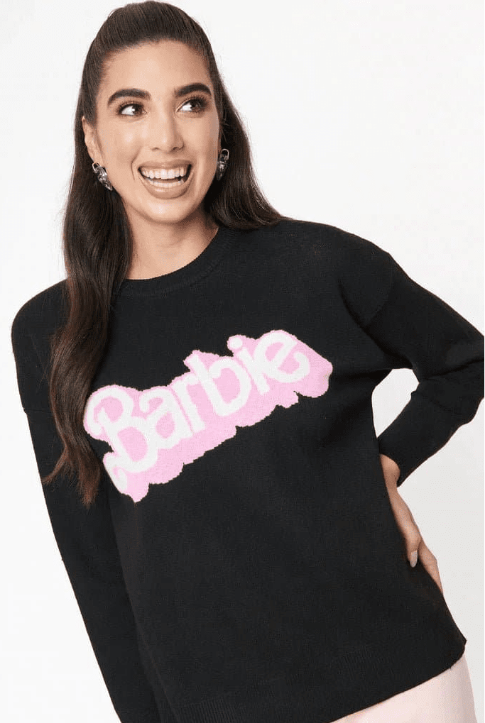 Shop Unique Vintage Barbie x Unique Vintage Black Barbie Logo Sweater Sweatshirt for women – premium loungewear and festival fashion at Spoiled Brat