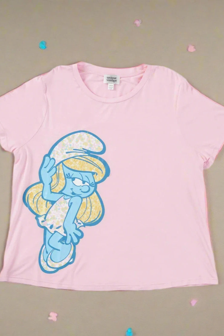 The Smurfs x Unique Vintage Pink Smurfs Fitted Tee Top by Unique Vintage as seen on celebrities