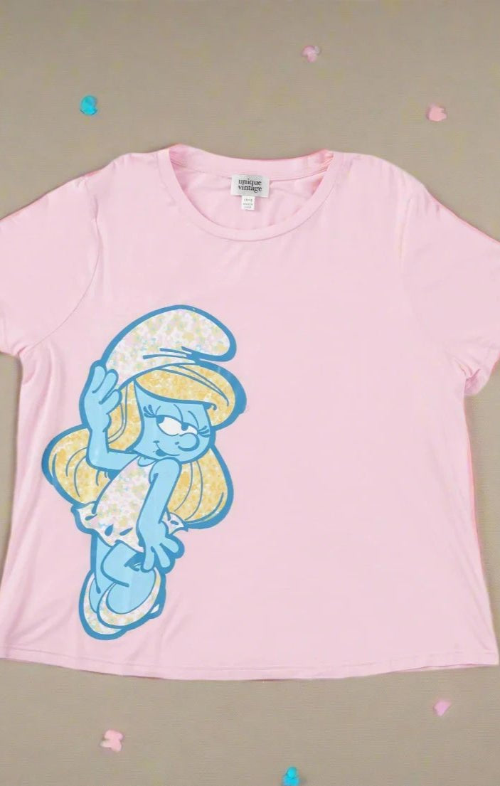 Shop Unique Vintage The Smurfs x Unique Vintage Pink Smurfs Fitted Tee Top for women – premium loungewear and festival fashion at Spoiled Brat