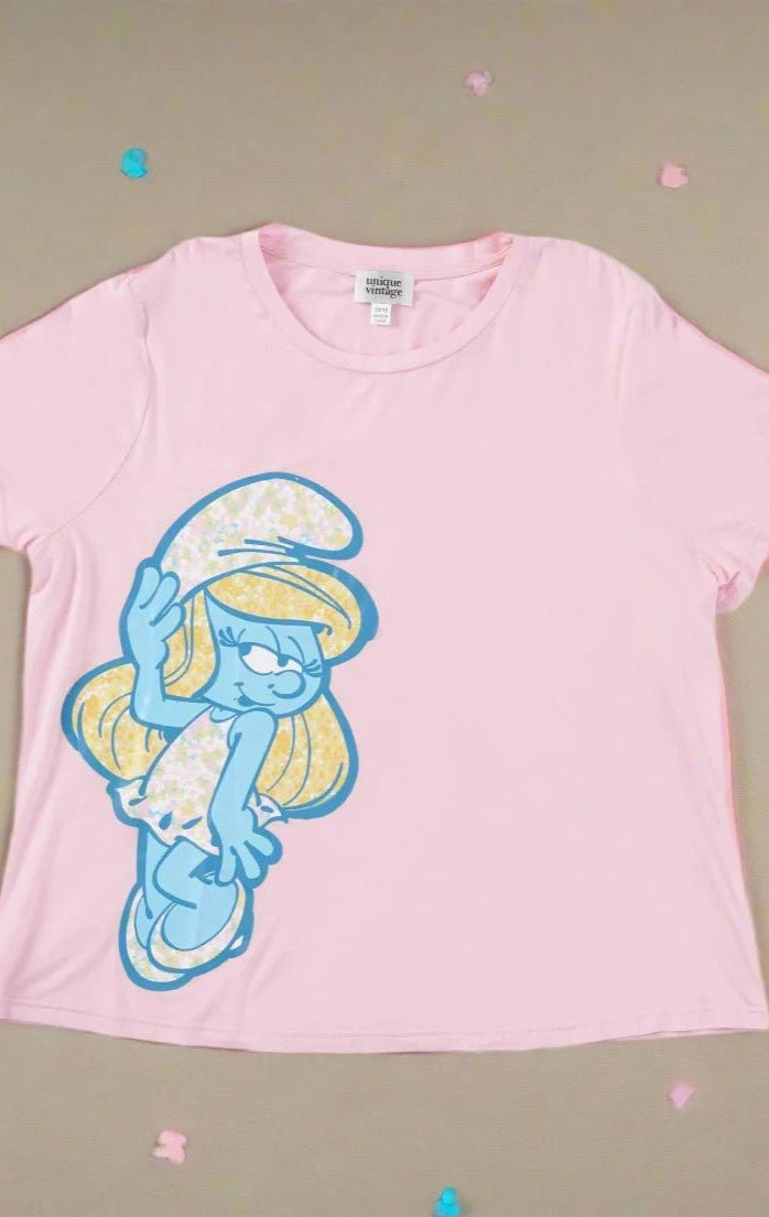 Shop Unique Vintage The Smurfs x Unique Vintage Pink Smurfs Fitted Tee Top for women – premium loungewear and festival fashion at Spoiled Brat