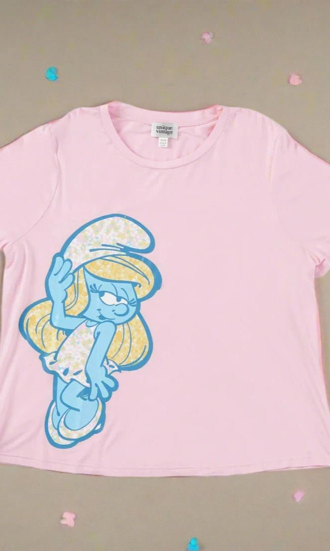 Shop Unique Vintage The Smurfs x Unique Vintage Pink Smurfs Fitted Tee Top for women – premium loungewear and festival fashion at Spoiled Brat
