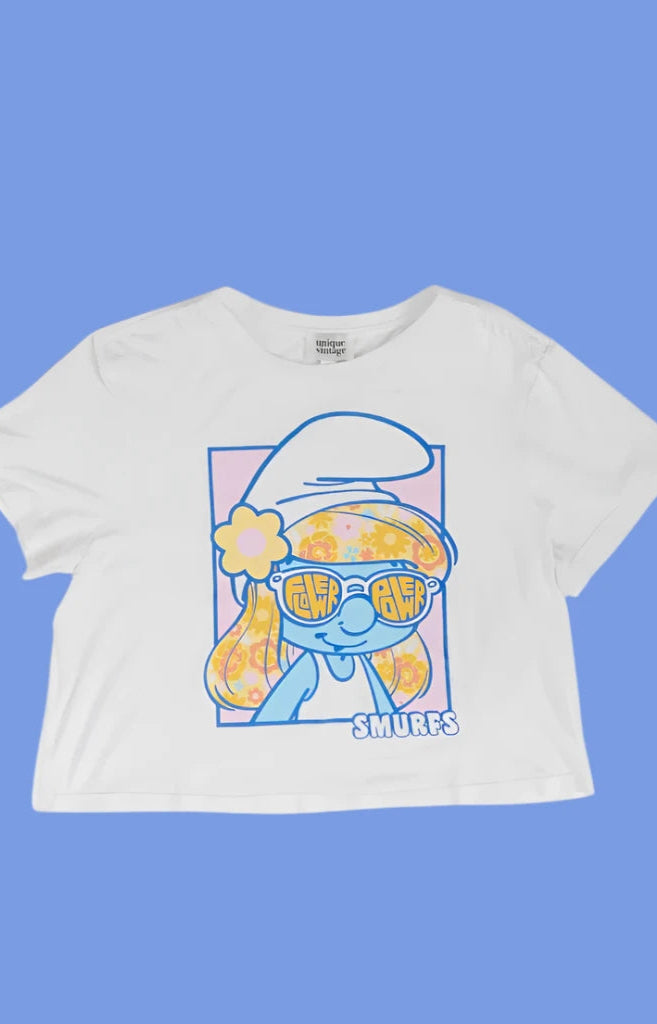 The Smurfs x Unique Vintage White Cropped Graphic Tee Top by Unique Vintage as seen on celebrities