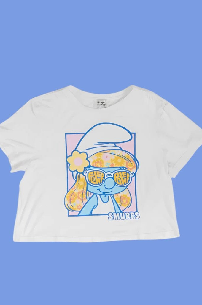 Shop Unique Vintage The Smurfs x Unique Vintage White Cropped Graphic Tee Top for women – premium loungewear and festival fashion at Spoiled Brat
