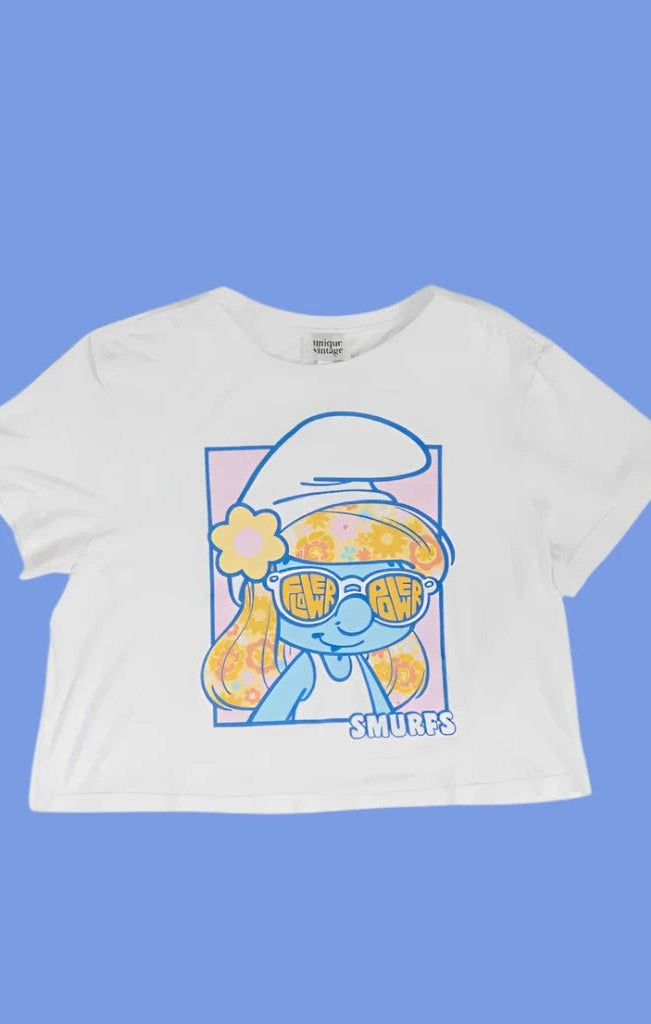 Shop Unique Vintage The Smurfs x Unique Vintage White Cropped Graphic Tee Top for women – premium loungewear and festival fashion at Spoiled Brat