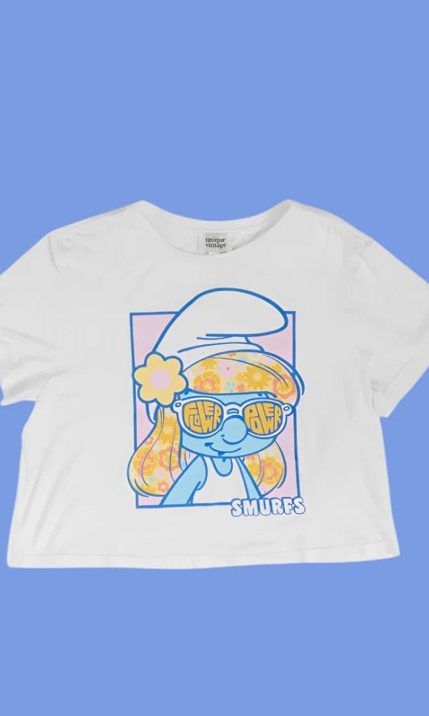 Shop Unique Vintage The Smurfs x Unique Vintage White Cropped Graphic Tee Top for women – premium loungewear and festival fashion at Spoiled Brat