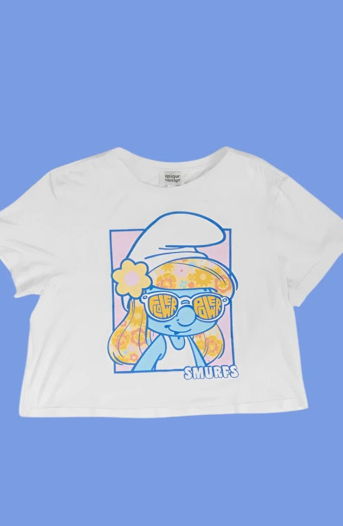 The Smurfs x Unique Vintage White Cropped Graphic Tee - Spoiled Brat