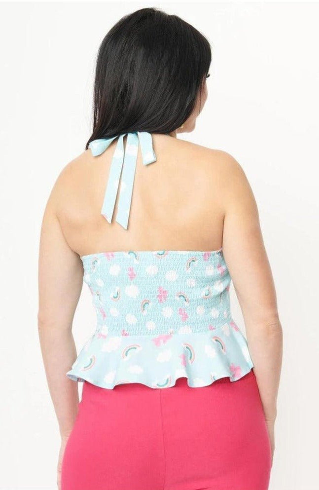 Unique Vintage Aqua & Rainbow Print Peplum Halter Top - Spoiled Brat