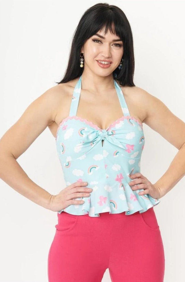 Unique Vintage Aqua & Rainbow Print Peplum Halter Top Top by Unique Vintage as seen on celebrities