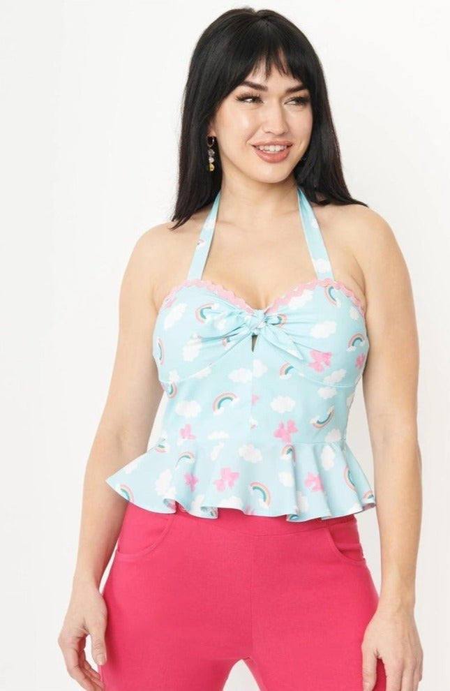 Unique Vintage Aqua & Rainbow Print Peplum Halter Top - Spoiled Brat