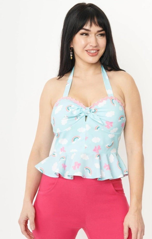 Unique Vintage Aqua & Rainbow Print Peplum Halter Top Top by Unique Vintage as seen on celebrities