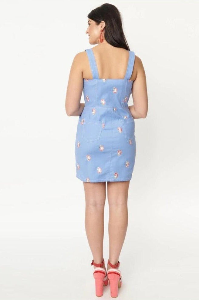 Unique Vintage Periwinkle Denim & Unicorn Fitted Pinafore Dress by Unique Vintage as seen on celebrities