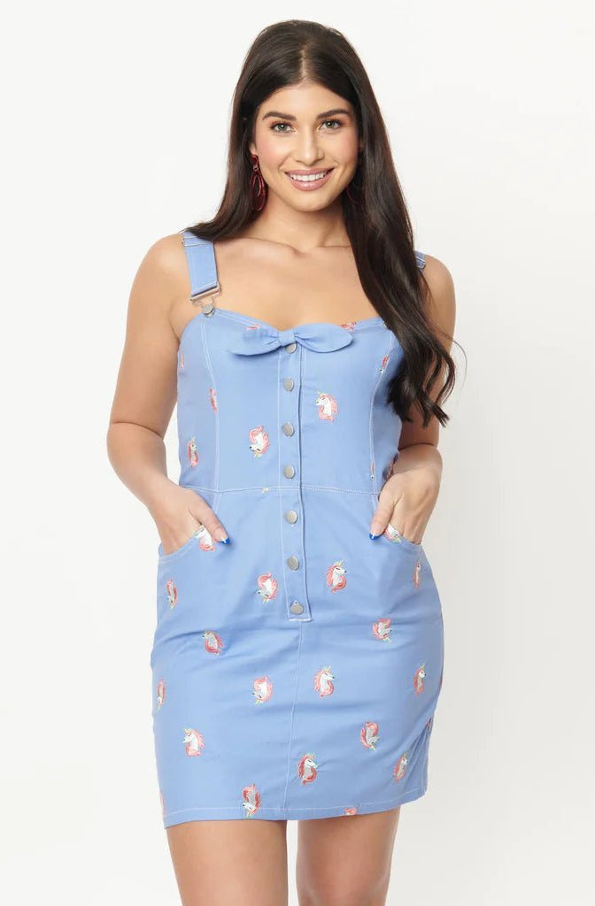 Unique Vintage Periwinkle Denim & Unicorn Fitted Pinafore Dress by Unique Vintage as seen on celebrities