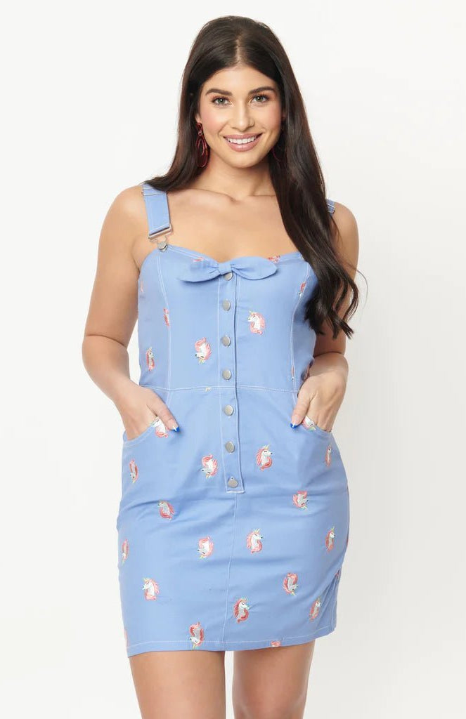 Unique Vintage Periwinkle Denim & Unicorn Fitted Pinafore Dress by Unique Vintage as seen on celebrities