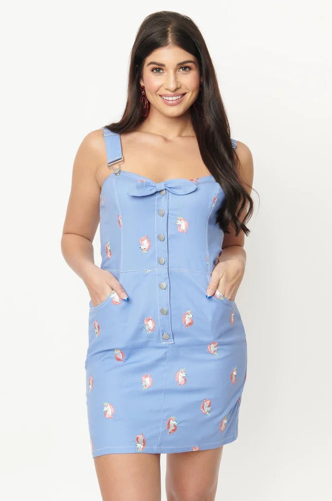 Unique Vintage Periwinkle Denim & Unicorn Fitted Pinafore Dress by Unique Vintage as seen on celebrities