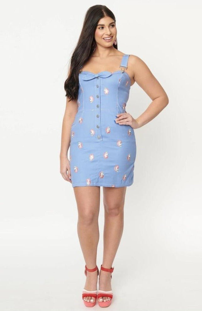 Unique Vintage Periwinkle Denim & Unicorn Fitted Pinafore Dress by Unique Vintage as seen on celebrities