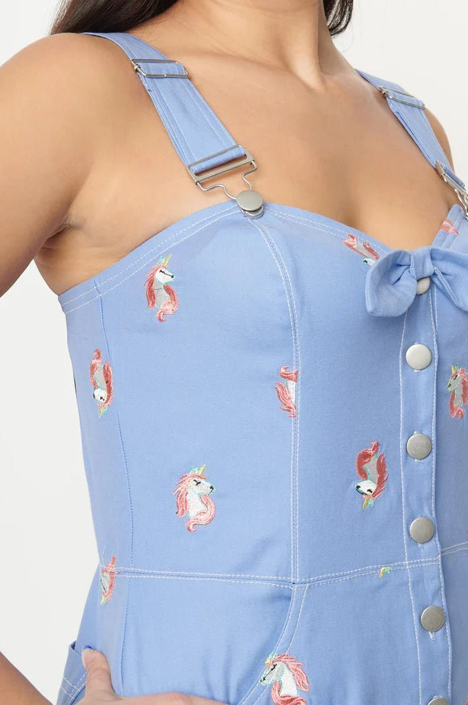 Unique Vintage Periwinkle Denim & Unicorn Fitted Pinafore Dress by Unique Vintage as seen on celebrities