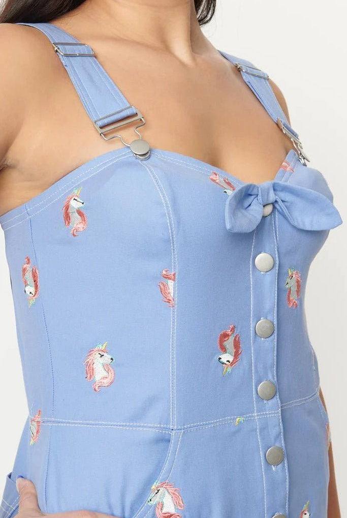 Shop Unique Vintage Unique Vintage Periwinkle Denim & Unicorn Fitted Pinafore Dress for women – premium loungewear and festival fashion at Spoiled Brat