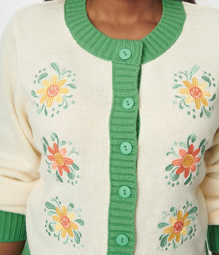 Shop Unique Vintage Smiley® x Ivory & Green Flower Embroidered Cardigan - Premium Cardigan from Unique Vintage Online now at Spoiled Brat 