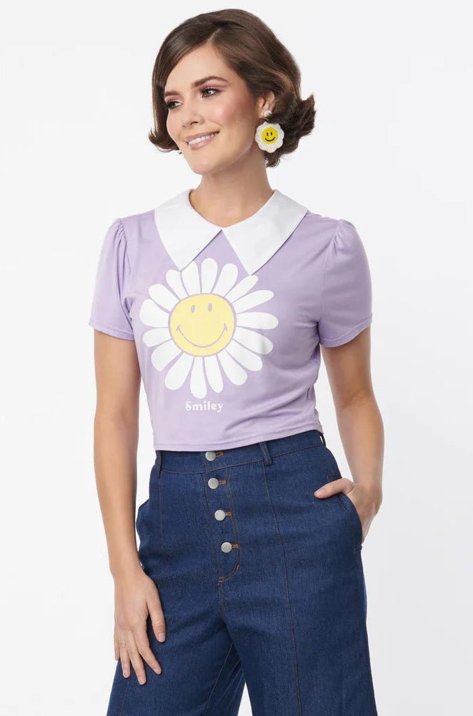 Shop Unique Vintage Unique Vintage x Smiley® Purple Flower Tee Top Top for women – premium loungewear and festival fashion at Spoiled Brat