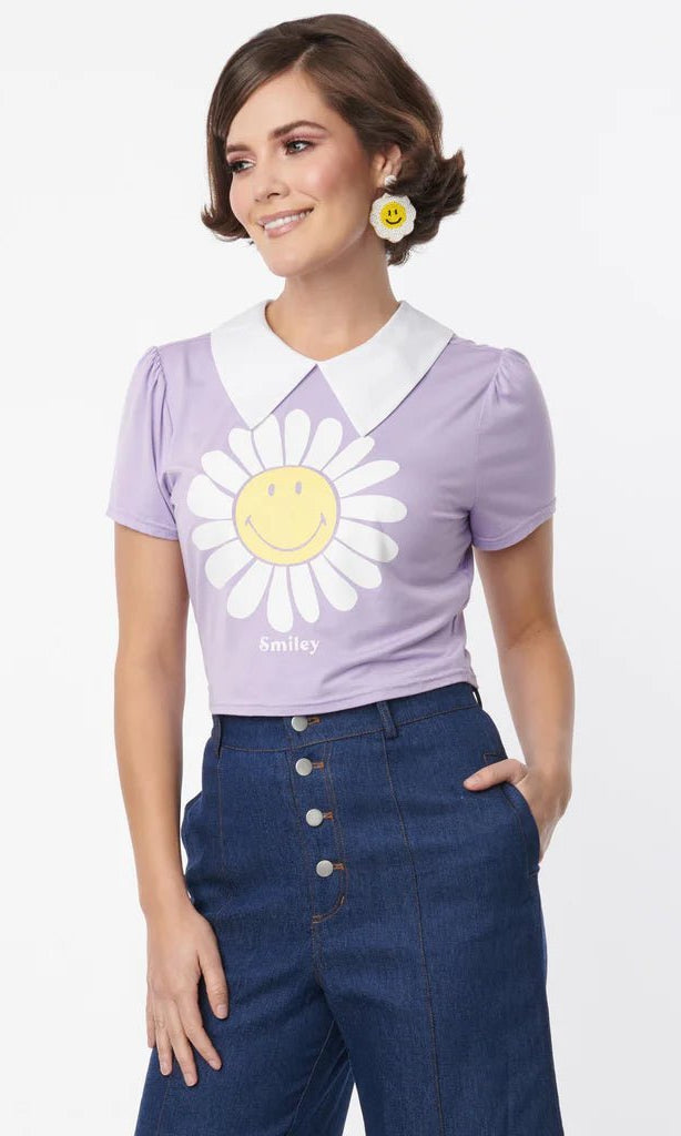 Shop Unique Vintage Unique Vintage x Smiley® Purple Flower Tee Top Top for women – premium loungewear and festival fashion at Spoiled Brat