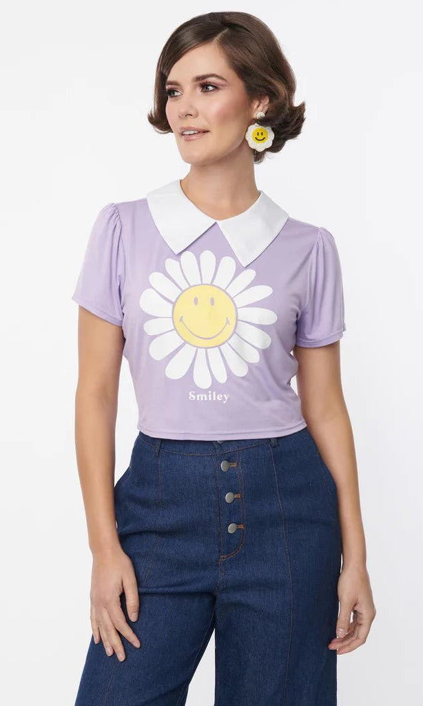Shop Unique Vintage Unique Vintage x Smiley® Purple Flower Tee Top Top for women – premium loungewear and festival fashion at Spoiled Brat