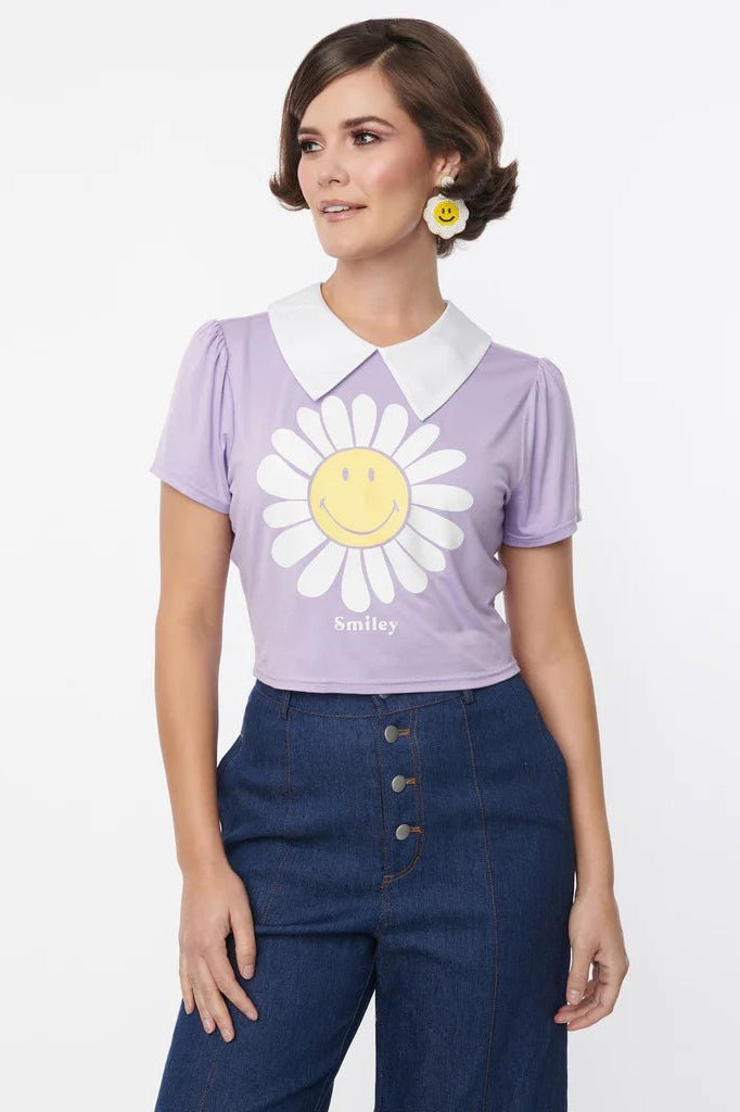 Shop Unique Vintage Unique Vintage x Smiley® Purple Flower Tee Top Top for women – premium loungewear and festival fashion at Spoiled Brat