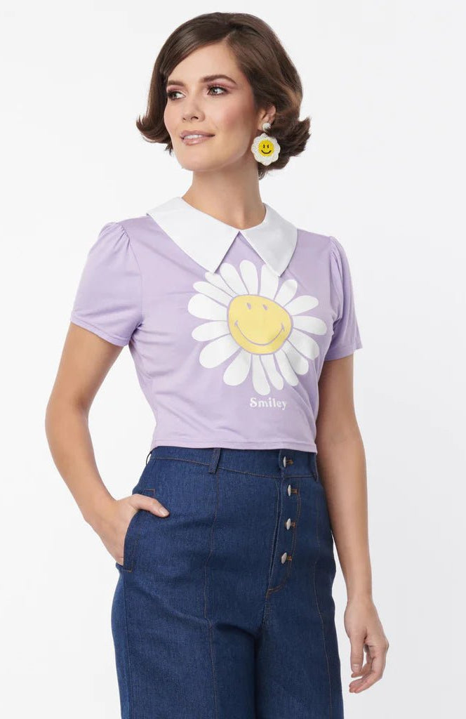 Shop Unique Vintage Unique Vintage x Smiley® Purple Flower Tee Top Top for women – premium loungewear and festival fashion at Spoiled Brat